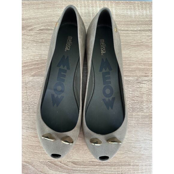 Melissa MEOW Cat Flats Gray Brown Peep Toe Ballet Shoes Womens sz 9 EU 40 - Picture 10 of 12